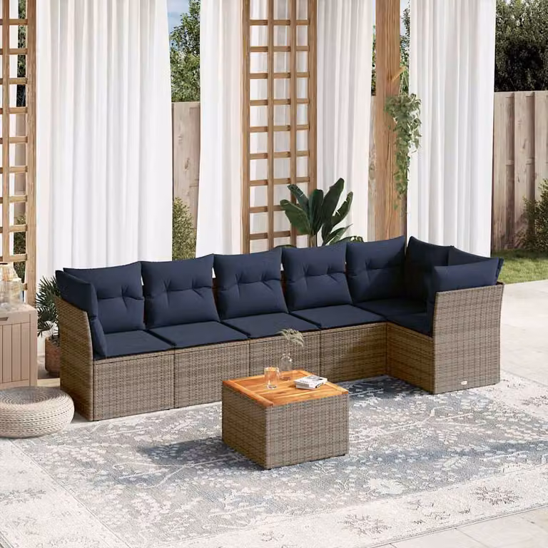 vidaXL Set Divani da Giardino 7 pz in Polyrattan con Cuscini Blu e Grigio e Tavolino da Esterno
