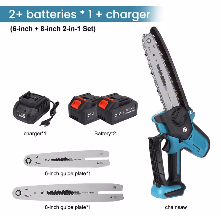 Troncatrice a catena elettrica - Seghetto a batteria da 15/20 cm - Motore brushless da 4500 W - 21 V - 2 batterie - Spina di tipo EU