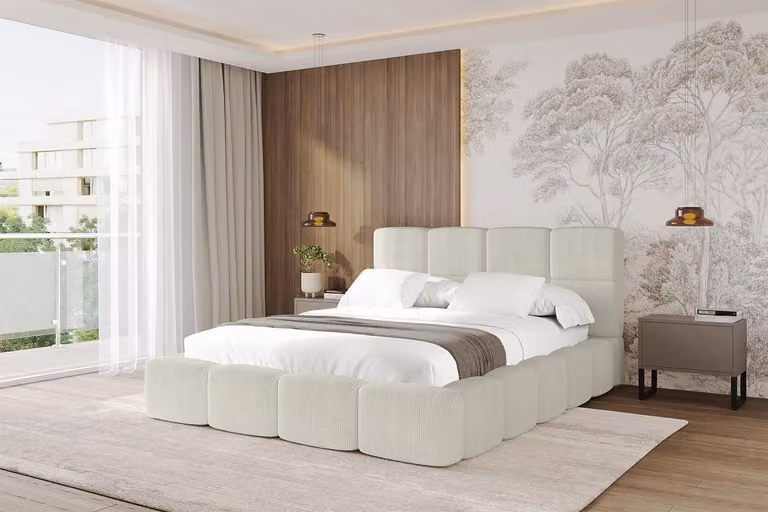 Letto imbottito ALTDECOR con contenitore - NATA 200x200 color crema, letto con testiera, letto contenitore senza materasso, letto matrimoniale con contenitore
