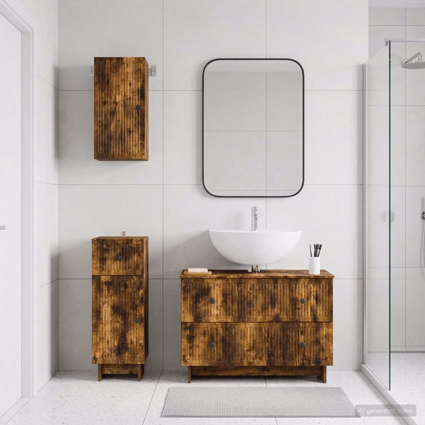 Set di 3 armadietti da bagno vidaXL EDE in legno Rovere Fumo marrone con cassetti e ripiani interni
