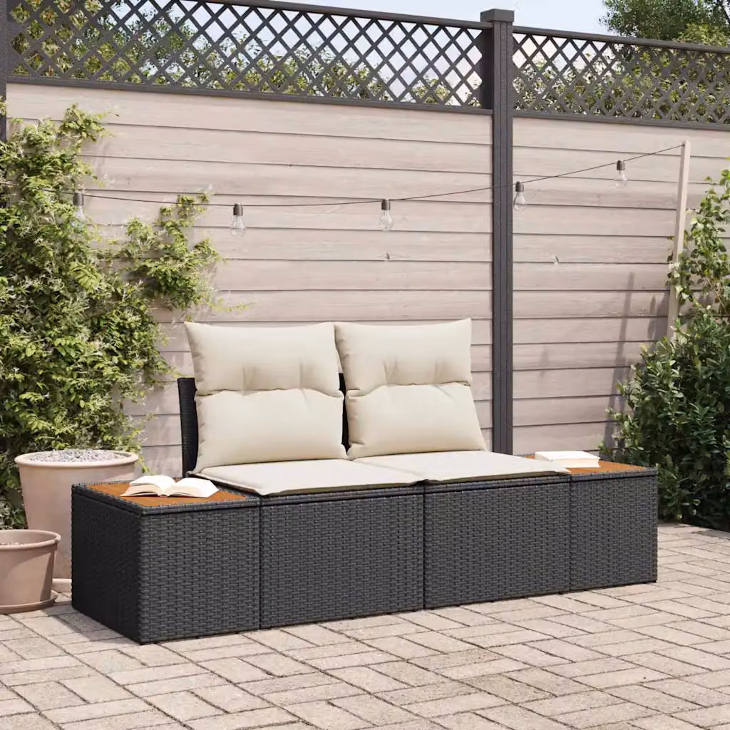 Divano da giardino moderno vidaXL in polyrattan nero con cuscini, L: 184 cm, P: 62 cm, H: 85 cm