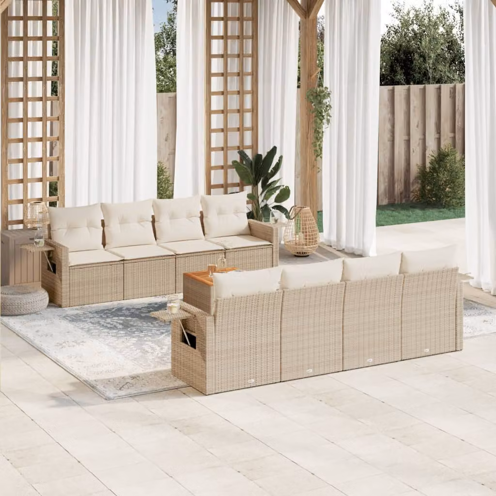 vidaXL Set Divano da Giardino 9 pz in Polyrattan con Cuscini Beige e Bianchi – 1