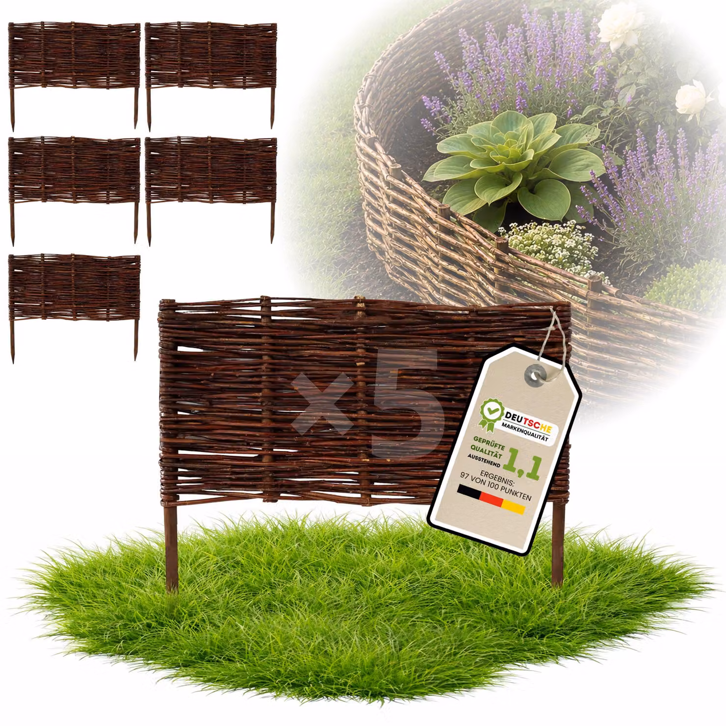 Floranica 5 pezzi Recinzione in vimini 40 cm x 60 cm – Staccionata da giardino intrecciata Palizzata Recinzione naturale Bordo aiuola