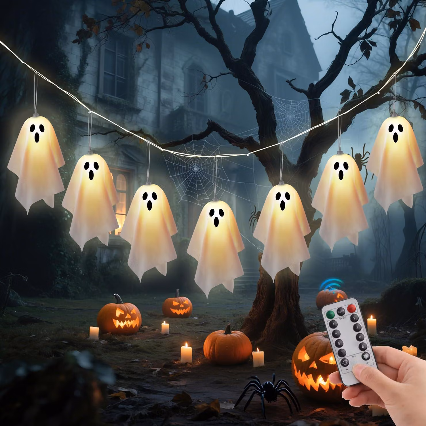 Catena decorativa per Halloween, lunghezza 2,3 metri, con 10 luci a forma di fantasma, telecomando e 8 modalità di illuminazione