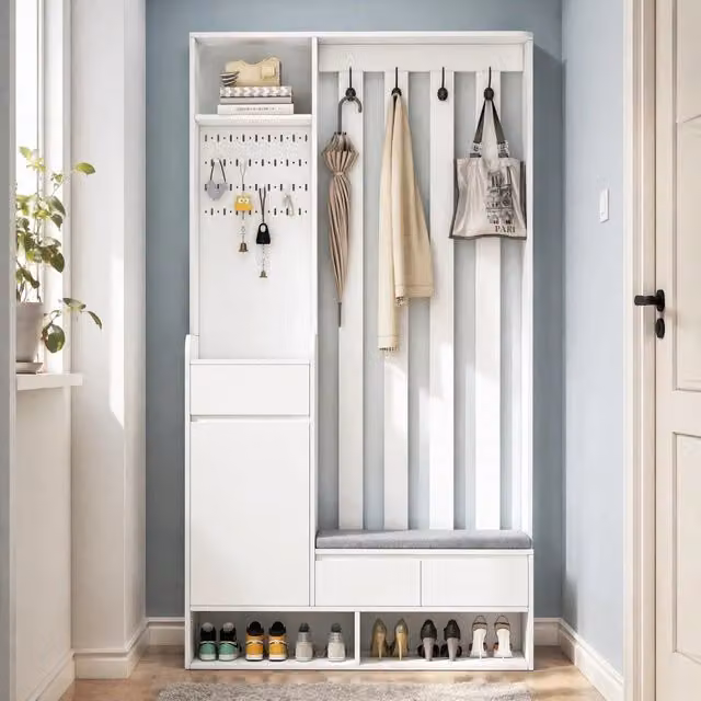 Appendiabiti da ingresso multifunzione con panca imbottita, armadietto e lavagna, 4 ganci, bianco, H180xL100xP35 cm