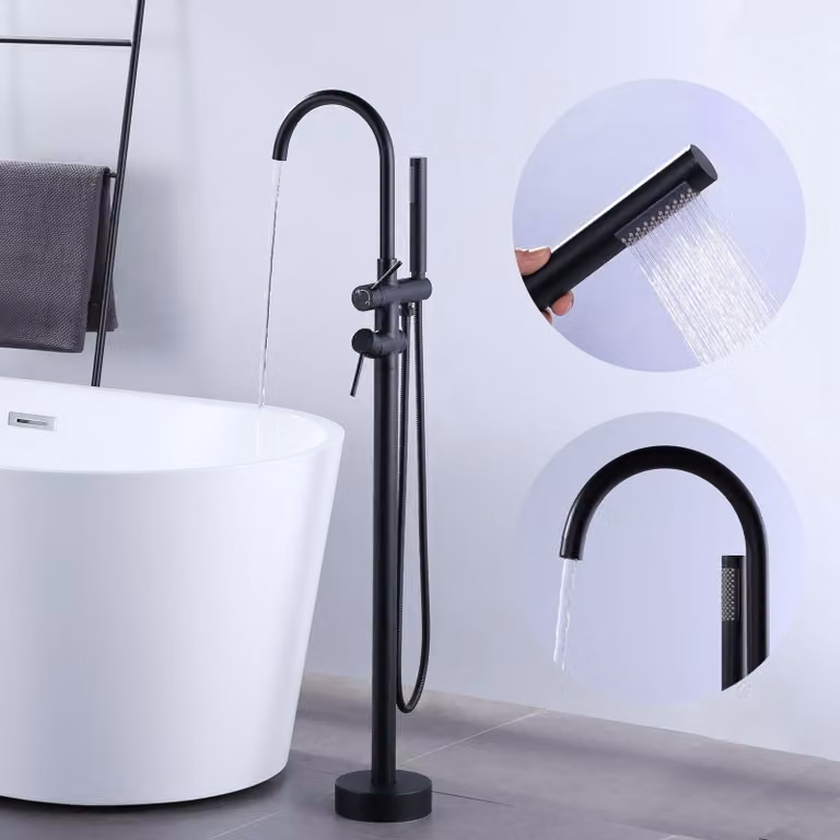 Miscelatore per vasca da bagno freestanding, girevole a 360°, con doccetta, colore nero