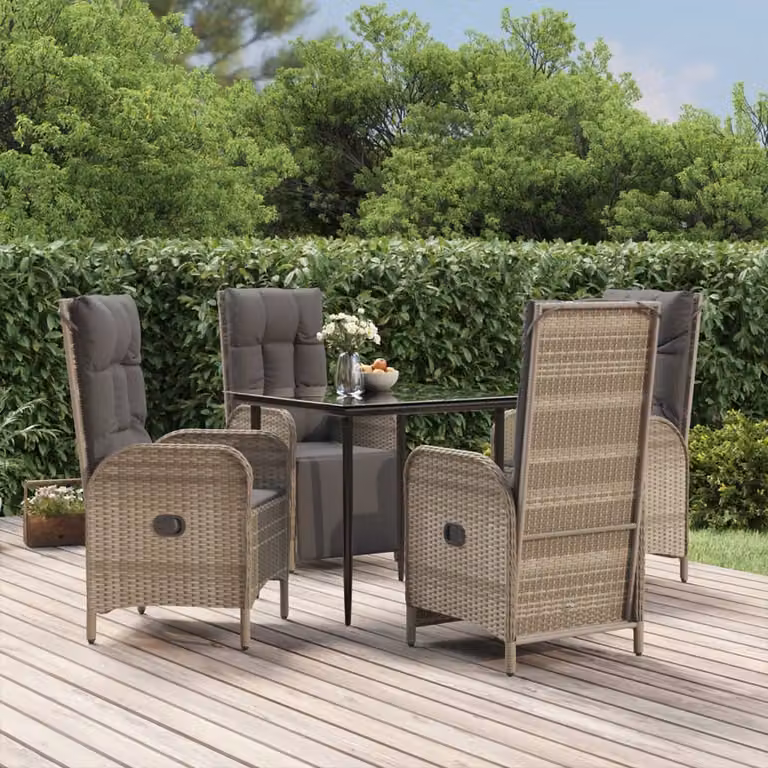 Set da pranzo da giardino vidaXL in polyrattan con tavolo in vetro e 5 pezzi, nero e grigio