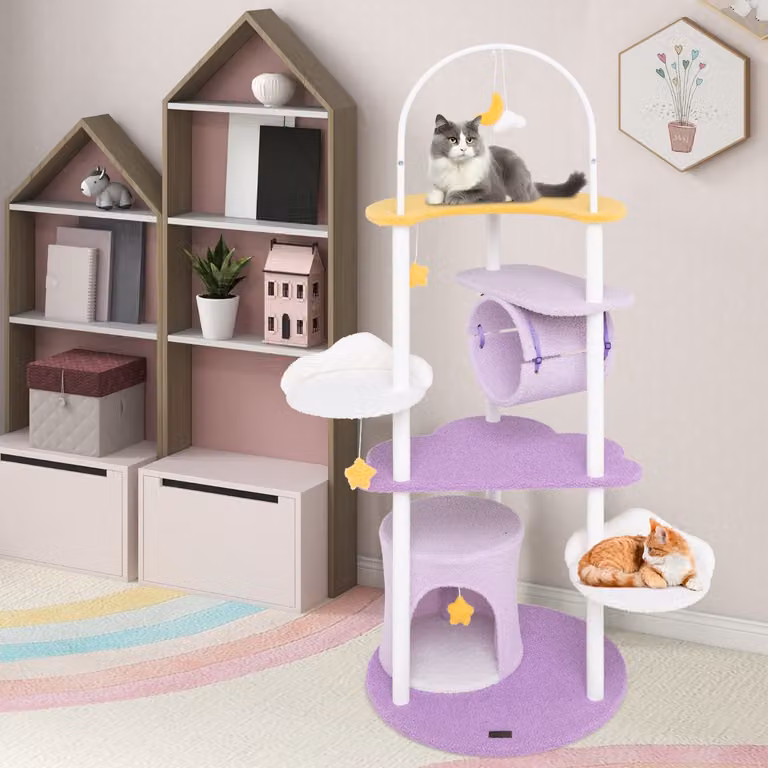 Albero per gatti multi-livello Costway con struttura in metallo e trespolo superiore, Torre per gatti viola e bianca, Altezza: 158 cm