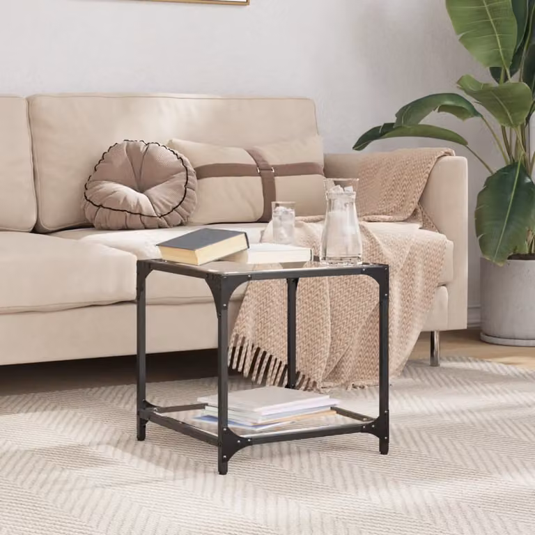 Set di 2 tavolini vidaXL moderni con piano in vetro trasparente e struttura in metallo nero, L/P/H: 40 x 40 x 40 cm