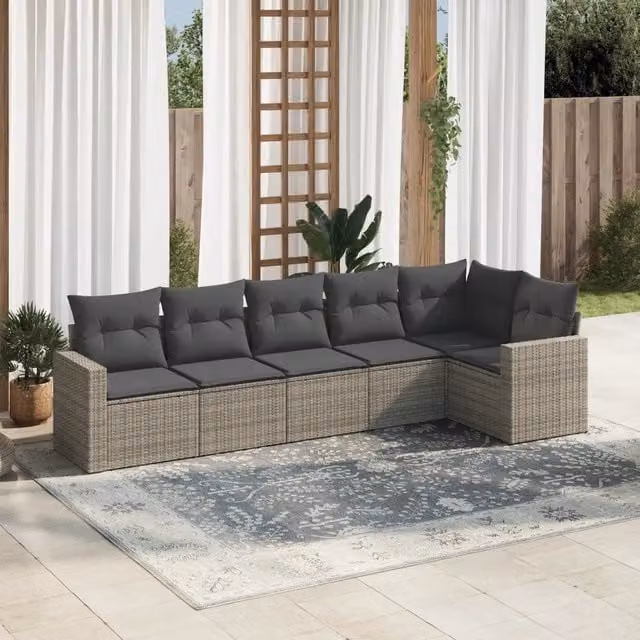 Set Divano da Giardino VIDAXL a L in Polyrattan Grigio con Cuscini, 6 Pezzi – 1