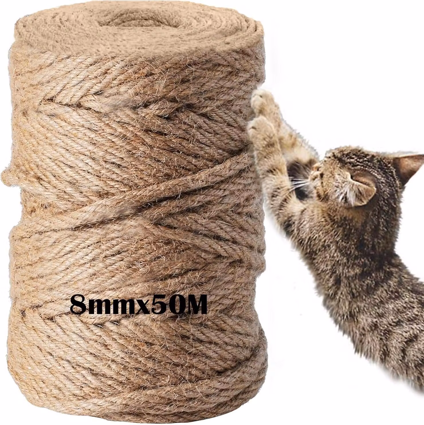 Palo per graffiare per gatti, corda in sisal da 8 mm, 50 metri, naturale, ideale per la cura degli artigli