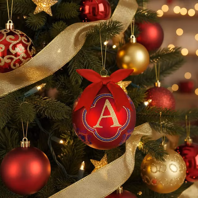 Pallina di Natale con lettera A KASANOVA, vetro rosso e oro, diametro: 10 cm