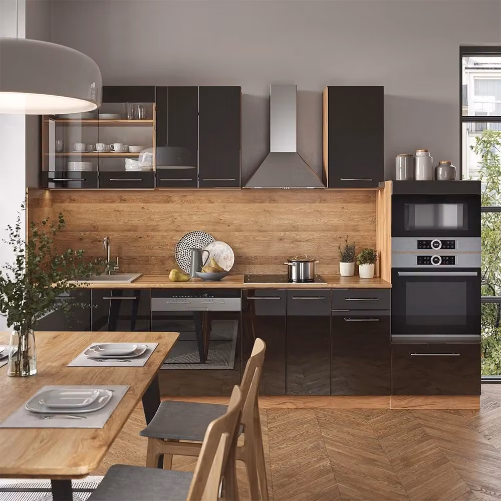 Cucina componibile moderna Fame-Line Vicco in antracite lucido e rovere dorato con armadio alto, L: 300 cm – 2