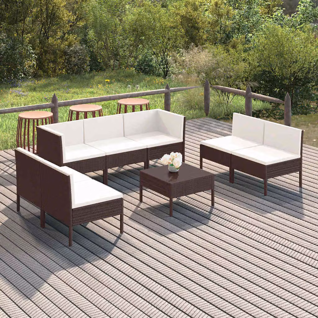 Set da giardino vidaXL 8 pezzi in rattan marrone con cuscini bianchi e tavolino coordinato