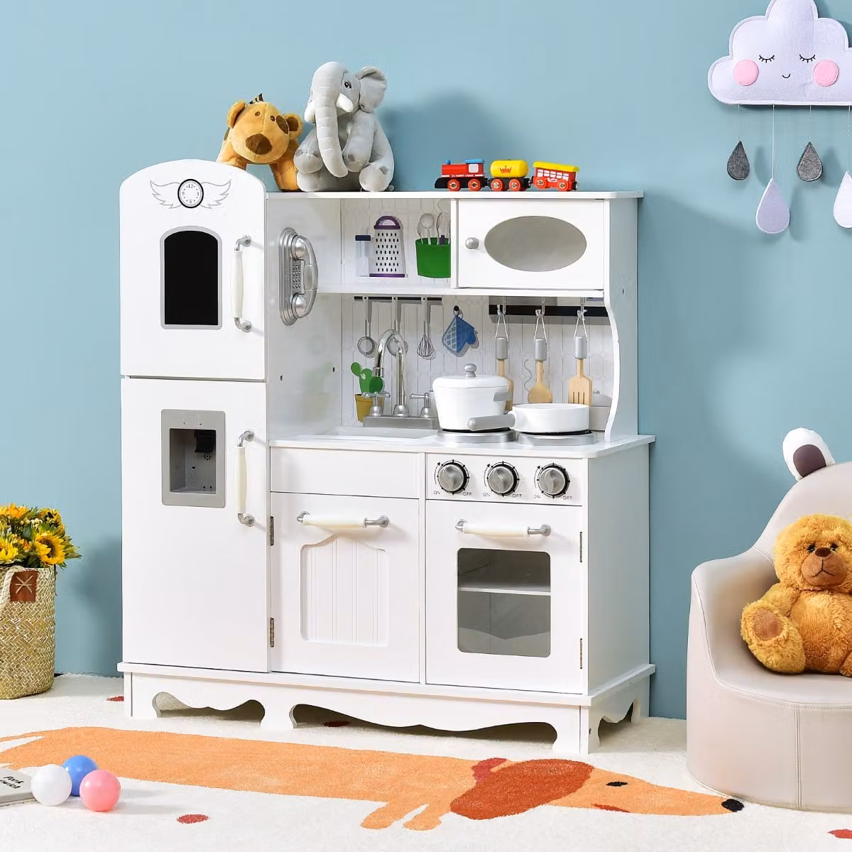 Set cucina giocattolo in legno Costway con accessori per bambini, colore bianco