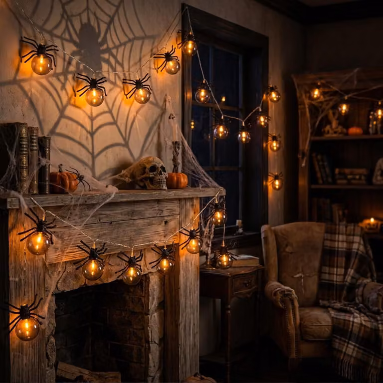 Catena luminosa a tema Halloween, con ragni, lunghezza 1,5 metri, 10 LED, luce bianco caldo