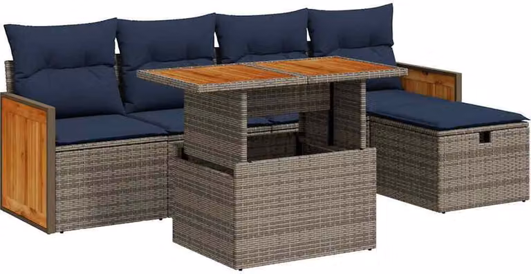 Set Divano da Giardino 6pz con Cuscini Grigio Polyrattan Acacia