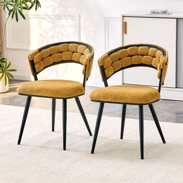 Set di 2 sedie da pranzo Minimal in velluto giallo con gambe in metallo nero e design moderno