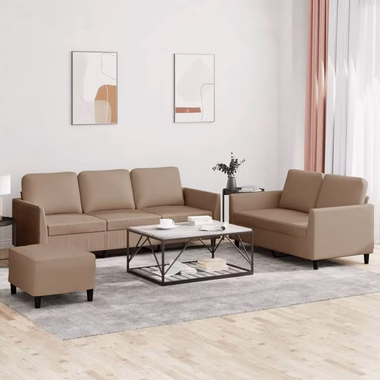 Set di divani 3 pezzi vidaXL con pouf in similpelle beige e marrone per soggiorno moderno