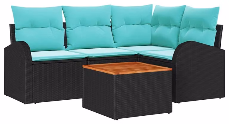 Set da giardino composto da 5 pezzi, in rattan sintetico nero e turchese