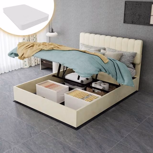 Letto Contenitore Imbottito con Testiera ¨C MINIMAL ¨C Beige 140x200 con Materasso