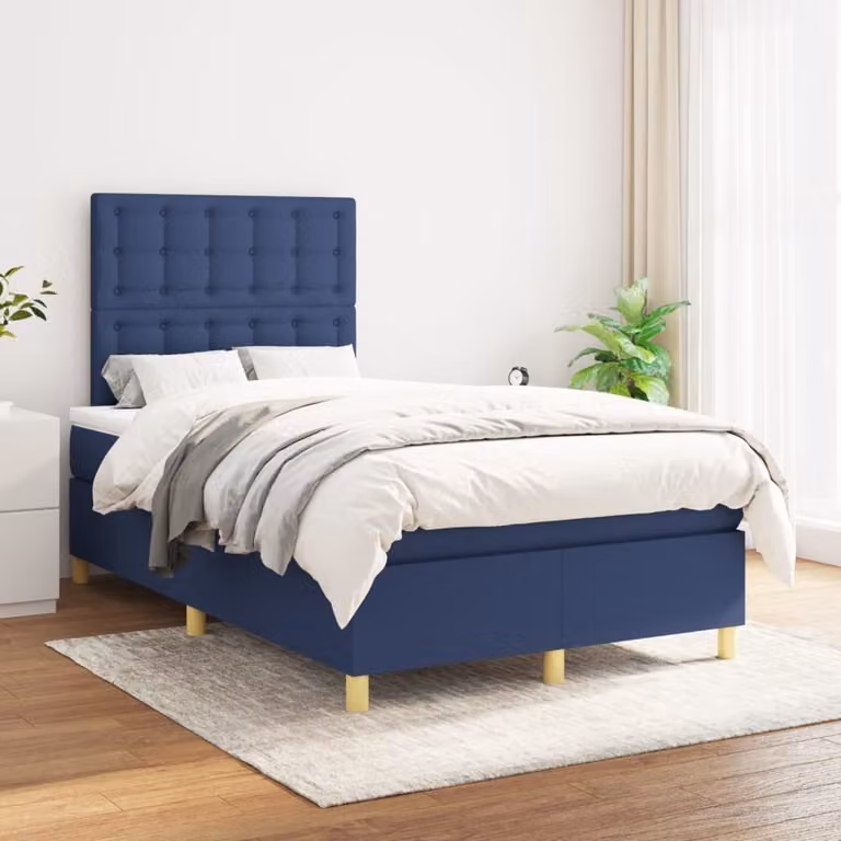 The Living Store Letto a molle con materasso Blu 120x200 cm in tessuto