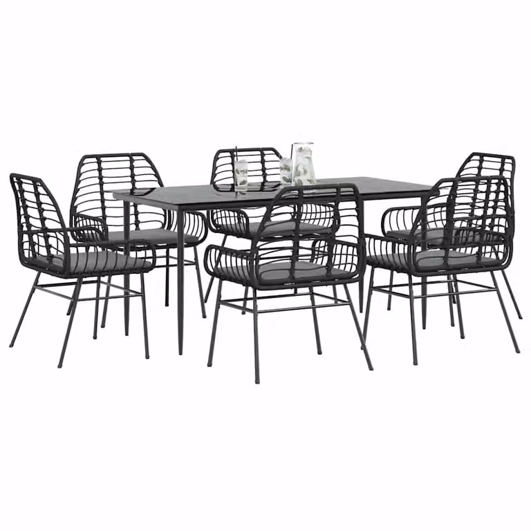 Set da pranzo da giardino vidaXL in polyrattan e vetro nero e grigio con 7 pezzi