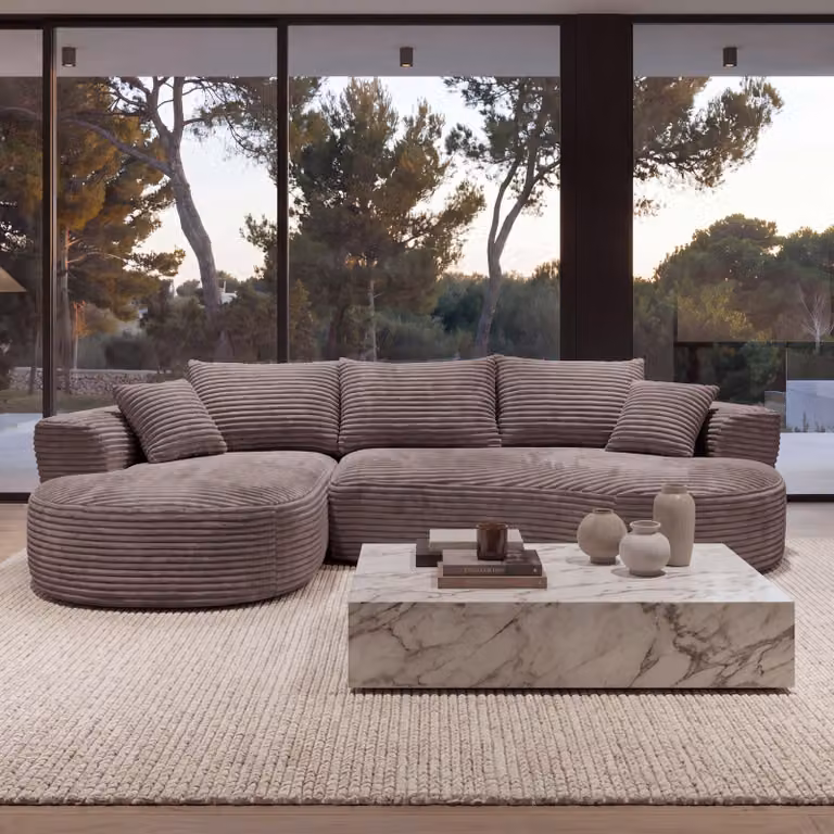 Divano componibile HWC-P19, divano a 3 posti, divano lounge, rivestito in tessuto Cord (370 g/m²), colore marrone, con chaise longue a sinistra