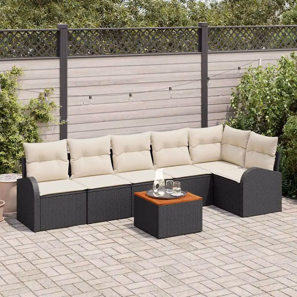 Set Divano da Giardino vidaXL 7 Pezzi in Polyrattan con Cuscini, Colore Nero e Beige – 1