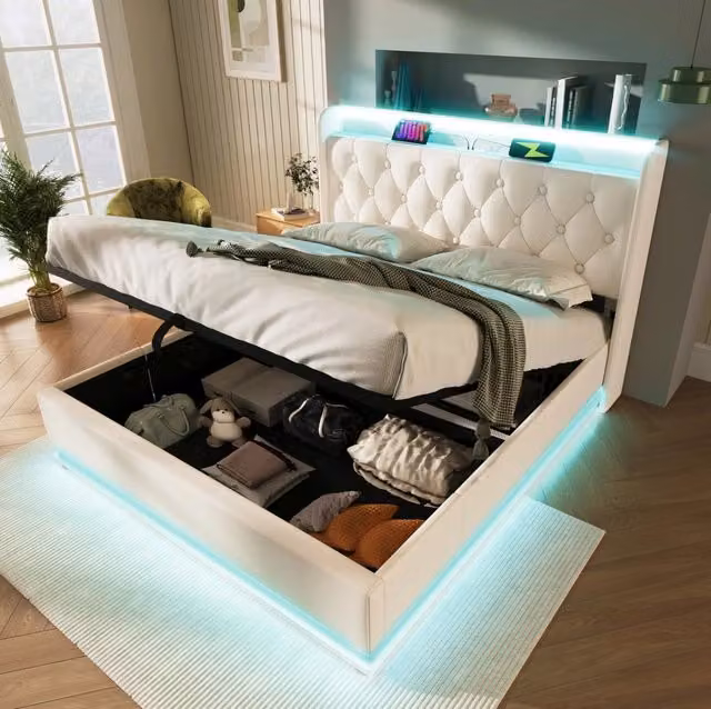 Letto matrimoniale 140x200 cm bianco in PU, LED 360 gradi con vano contenitore, senza materasso