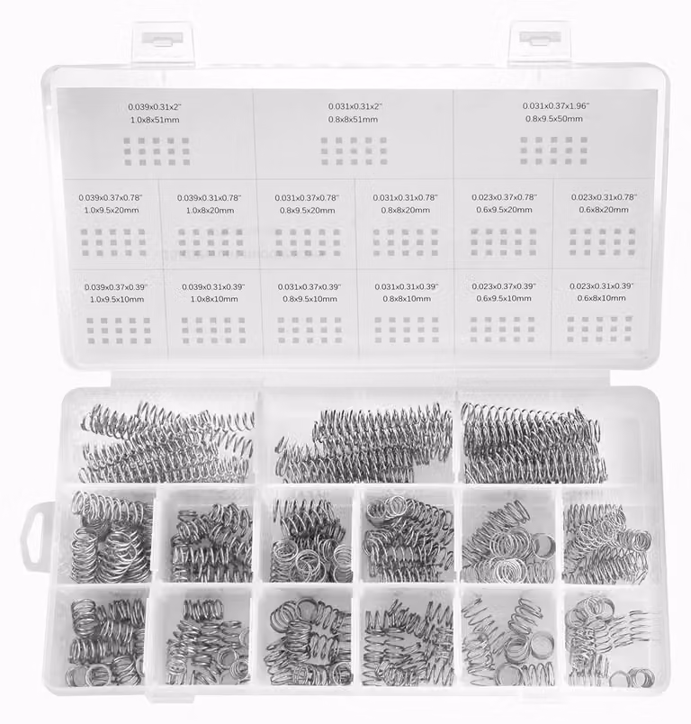 Assortimento di inserti Federn, 225 pezzi, 15 dimensioni, diametro da 0,6 a 1 mm, diametro di testa da 8 a 9,5 mm, lunghezza da 10 a 50 mm