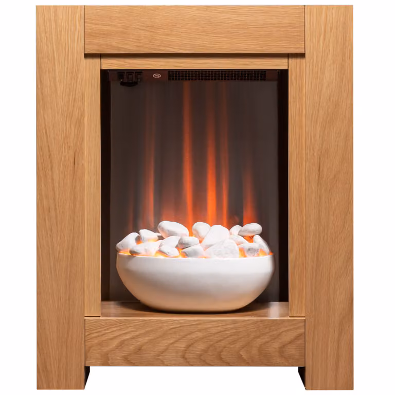 Set caminetto Adam Monet in rovere con camino elettrico, dimensioni 73 cm x 60 cm x 20 cm, fiamma LED, potenza termica 1 - 2kW