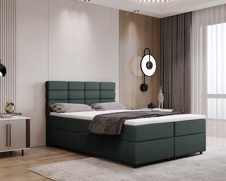 Letto boxspring 140x200, con contenitore, verde, materasso e coprimaterasso, letto matrimoniale, REVE, Panda Möbel