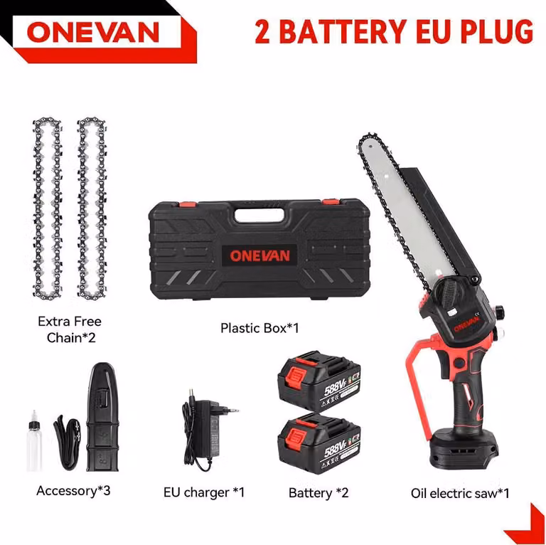 Motosega - Set B con 2 batterie - Alimentazione a batteria - Motore brushless - Lama da 20 cm - 4500 W - 45000 giri/min - Blu