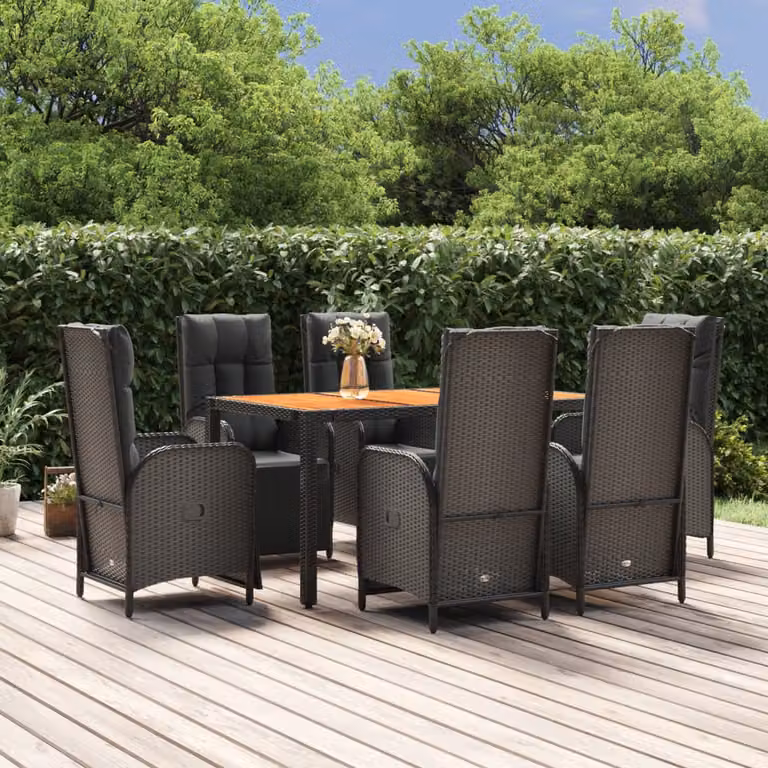 Set da pranzo da giardino vidaXL in polyrattan e legno di acacia nero con 7 pezzi