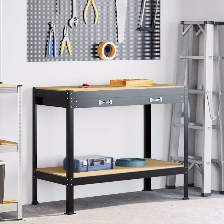 vidaXL Banco da lavoro con cassetto e pannello forato Nero L: 114 cm, P: 54 cm, H: 91 cm
