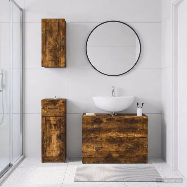 Set di mobili da bagno vidaXL in 3 pezzi in legno Rovere, colore marrone opaco, stile minimalista con base lavabo e pensili a muro – 1