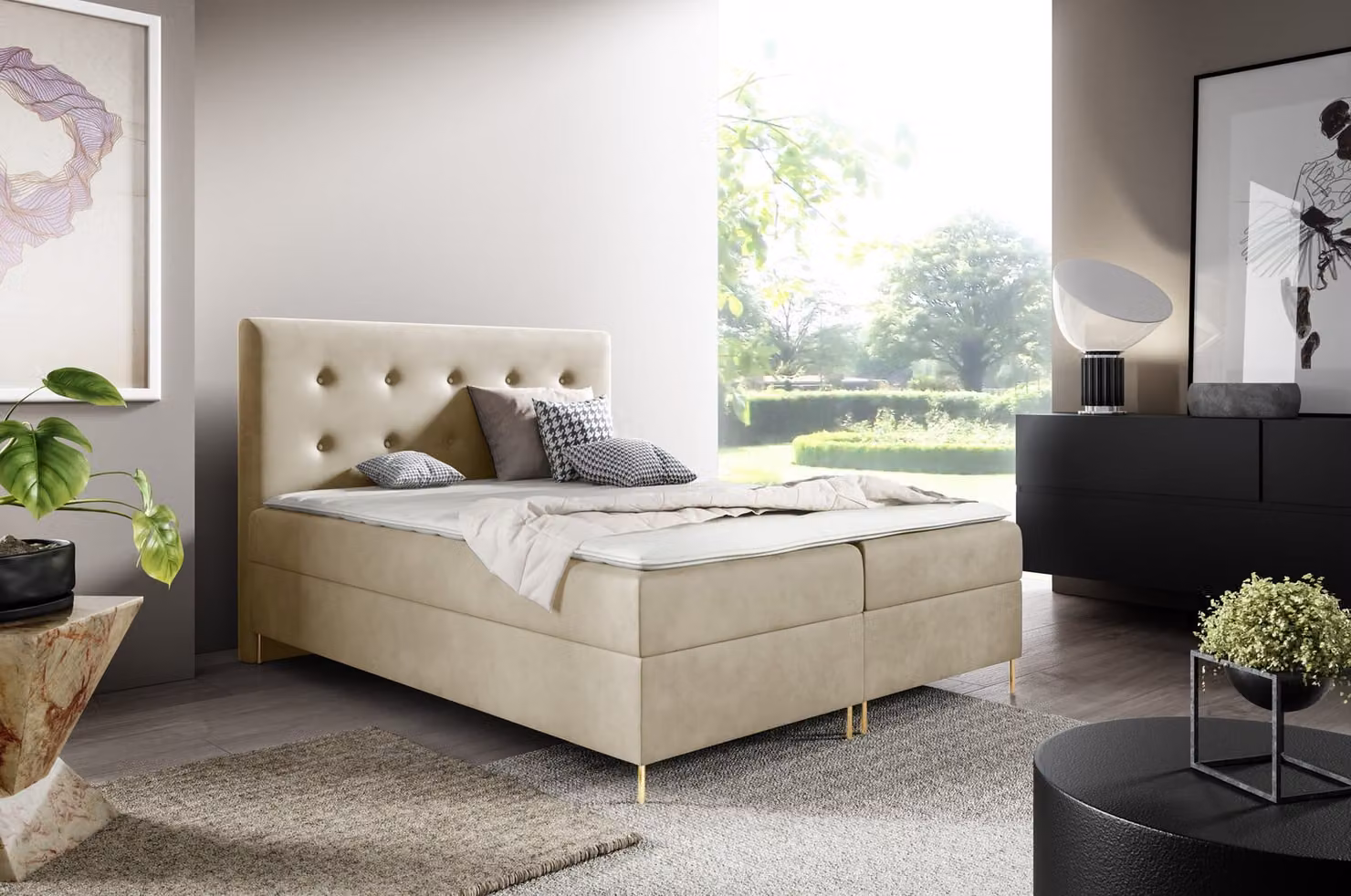 GUTTO Borsa letto LOUI 120 x 200cm 2x Contenitore TOPPER 5cm libero velluto beige gambe alte dorate
