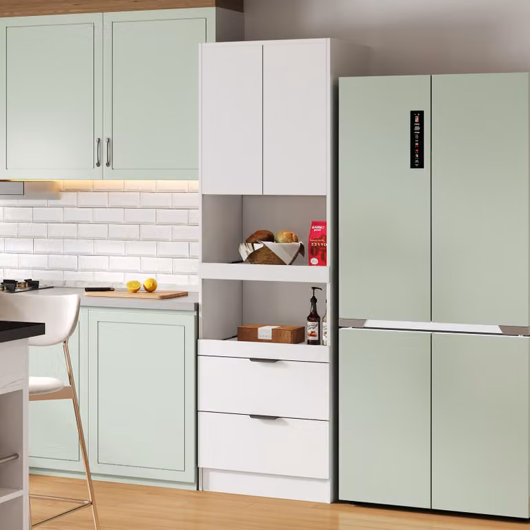 Flieks Mobile da cucina alto 2 m, mobile alto con 2 ripiani scorrevoli e 2 cassetti, mobile laterale per sala da pranzo soggiorno bagno, ripiani per microonde, bianco