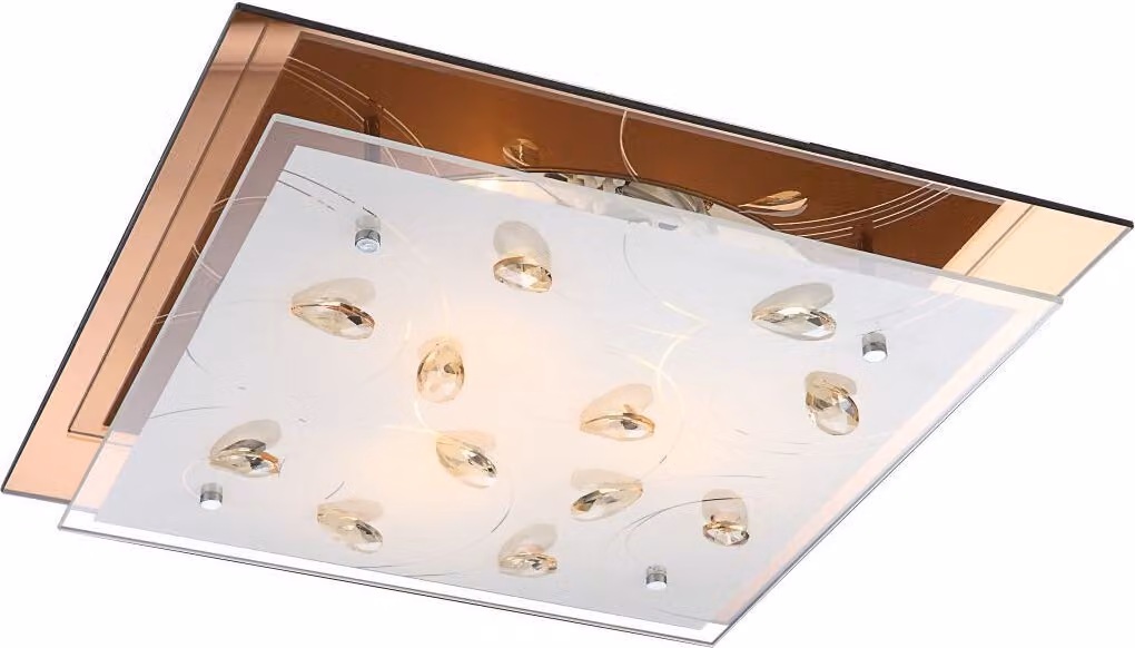 Globo Lighting plafoniera in metallo bianco, vetro ambra, vetro opale, cristalli K5, vetro inferiore ambra, LxPxH: 420x420x85mm, escl. 3x E27 ILLU 40W 230V