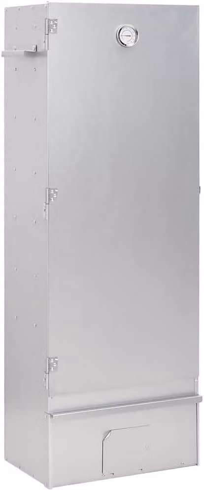 Forno affumicatore con termometro, dimensioni 44,5x29x110 cm, realizzato in acciaio zincato, ideale per affumicare pesce, carne e salsicce all'aperto. Include 12 ganci e trucioli di legno