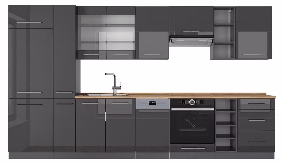 Cucina componibile Vicco Fame-Line Antracite lucido 355 cm , PL Rovere, Model 56892