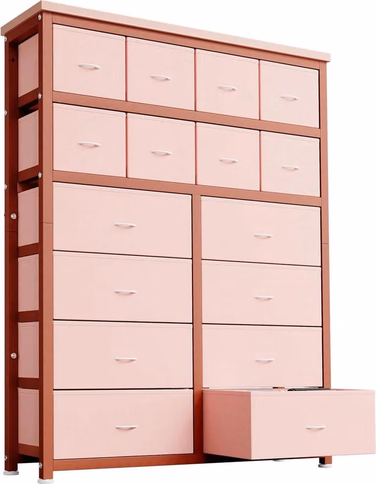 Comò per camera da letto - Comò alto - 16 cassetti - Scatole in tessuto - Stile antico - Richiede assemblaggio - Rosa