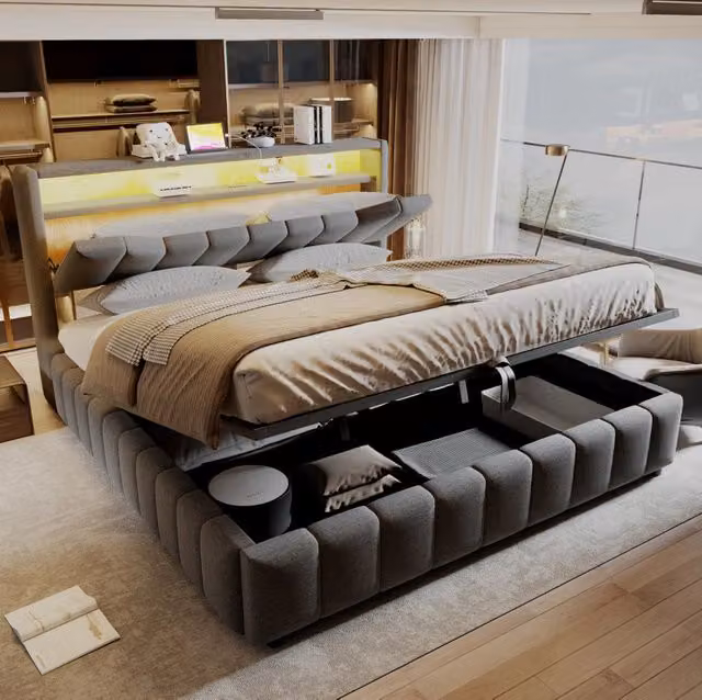Letto matrimoniale ULEVR 180x200 cm con contenitore idraulico, LED, USB e USB-C, tessuto grigio