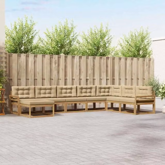 Set di divani da esterno a L vidaXL in legno di acacia con pouf e cuscini, Bianco e Beige – 1