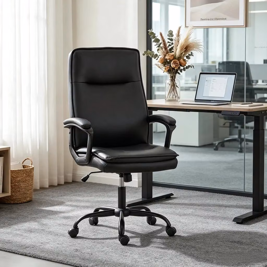 Sedia da ufficio ergonomica girevole WISHDOR in ecopelle nera con braccioli e design moderno per casa e ufficio – 2