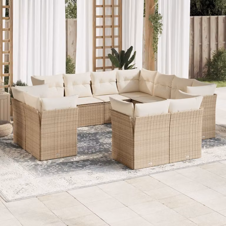 vidaXL Set Divani da Giardino 11 pz in Polyrattan con Cuscini Beige e Rivestimenti Rimovibili