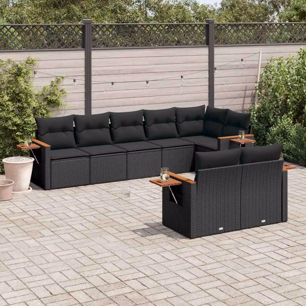 Set Divani da Giardino a L vidaXL in Polyrattan Nero con 8 Cuscini e Tavolino da Esterno – 1