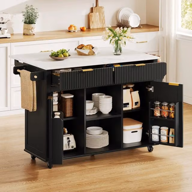Isola cucina su ruote 143 x 45 x 89,5 cm in MDF nero con piano ribaltabile, 2 cassetti e 2 ante