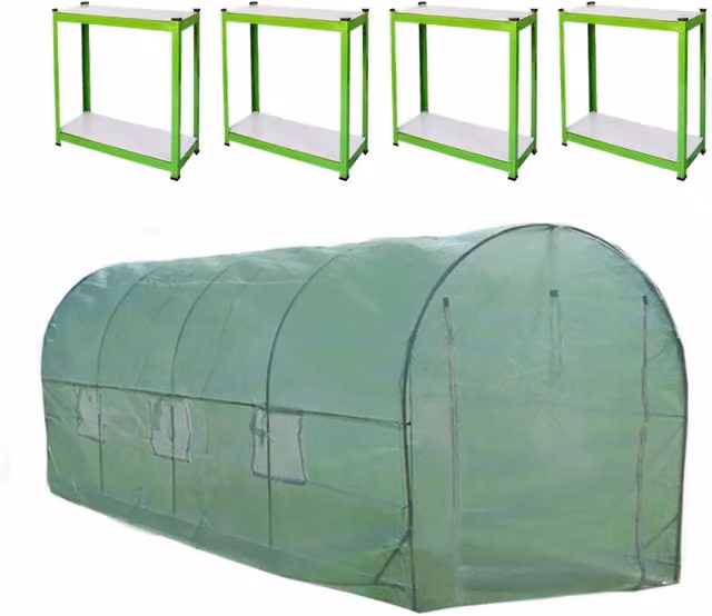 Serra da Giardino a Tunnel da Esterno in Polietilene Resistente alla Corrosione e Raggi UV Telaio in Ferro Galvanizzato per Piante Giardinaggio - 25mm - 6m x 3m & Scaffali
